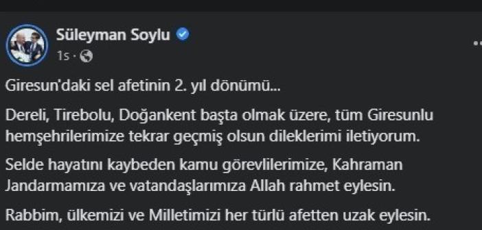 İçişleri Bakanı Süleyman Soylu: “Rabbim, ülkemizi ve milletimizi her türlü afetten uzak eylesin”