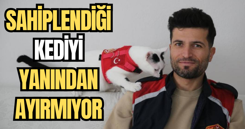 Mardinli itfaiye eri sahiplendiği kedi "Enkaz"ı yanından ayırmıyor